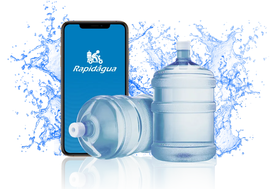 Rapidágua no celular e garrafões de água